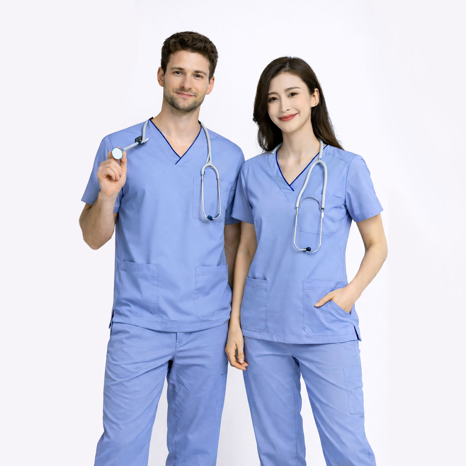HITO SCRUBS CS1 - Light Blue Top with Navy Blue Tipping Collar