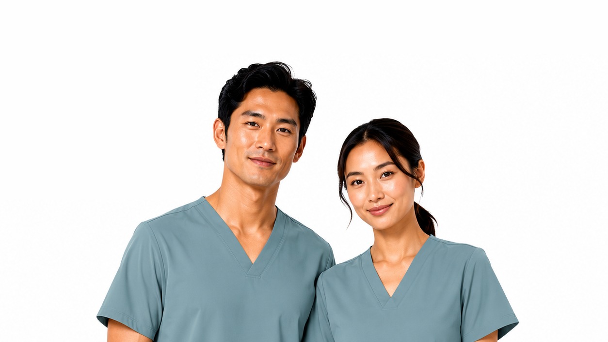 Two healthcare workers wearing Hito Scrubs